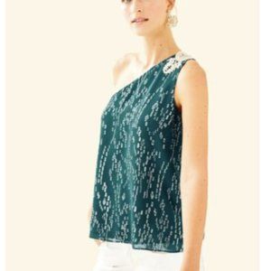 Festive Lilly Pulitzer Shimmery Teal One Shoulder Silk Top Sz 12